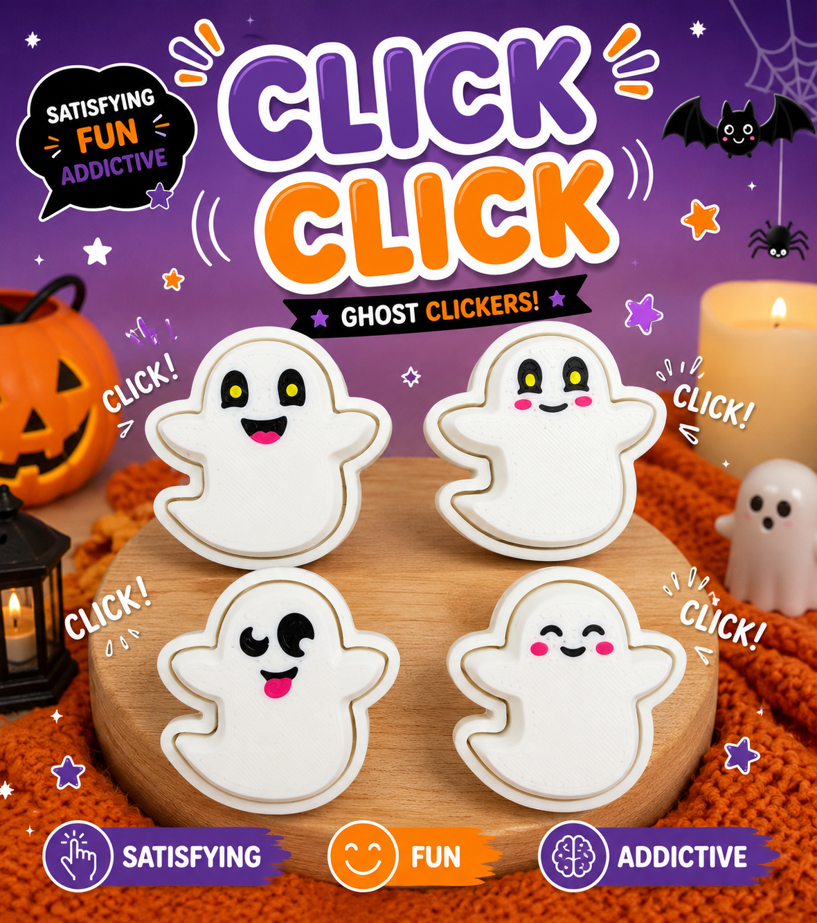 3D Printed Spooky Ghost set of 4 Clickers